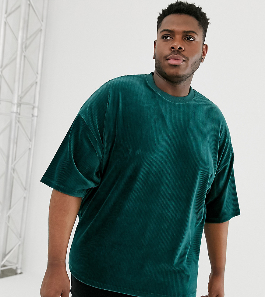 ASOS DESIGN Plus - T-shirt oversize a mezze maniche in velour a coste verde