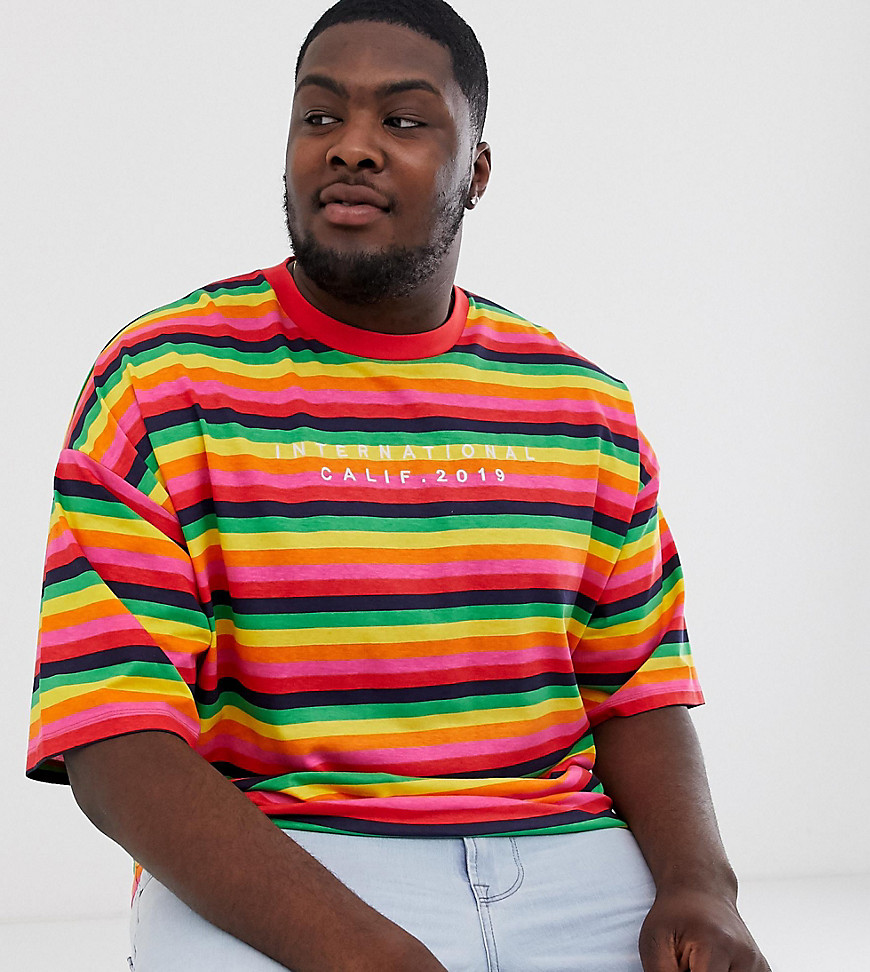 ASOS DESIGN Plus - T-shirt oversize a righe arcobaleno con ricamo-Multicolore