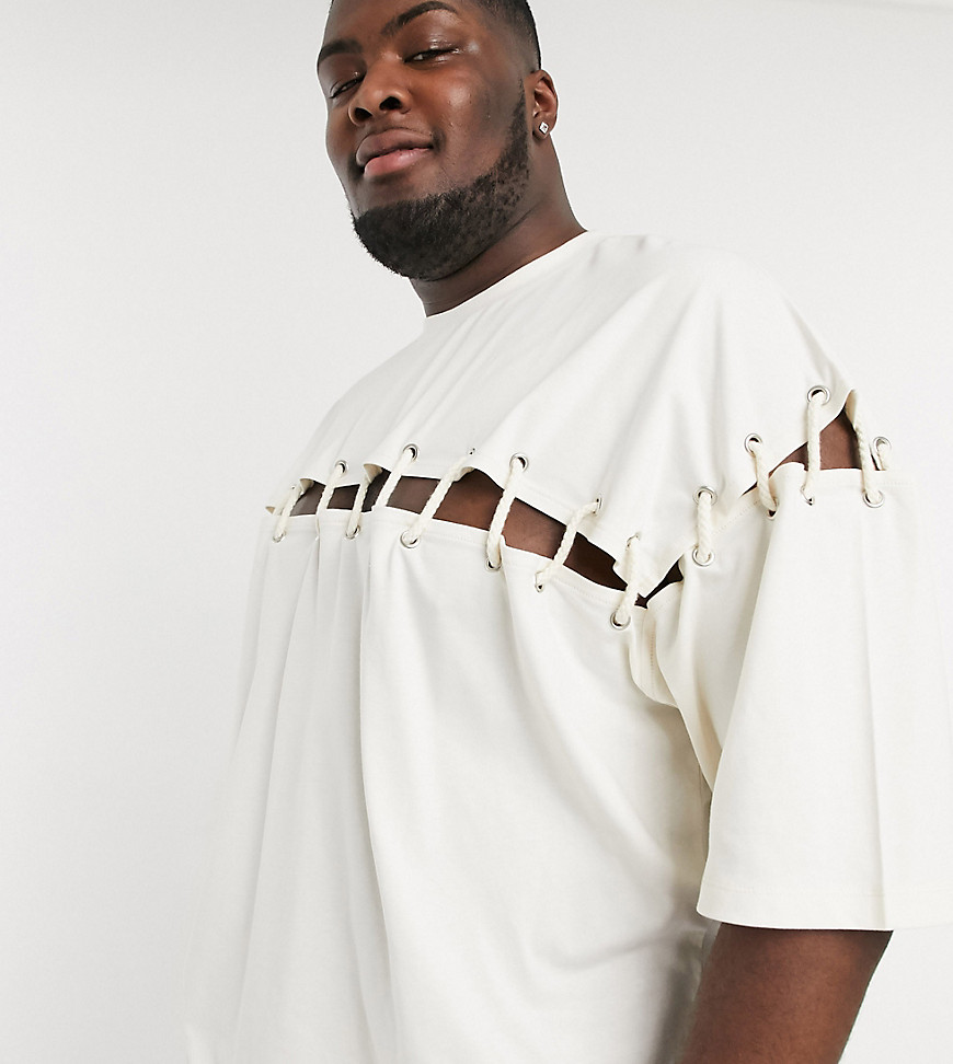 ASOS DESIGN Plus - T-shirt oversize con dettagli in corda-Bianco