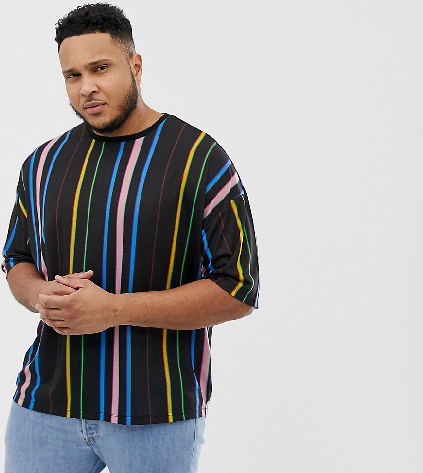 ASOS DESIGN Plus - T-shirt oversize con righe verticali arcobaleno-Nero