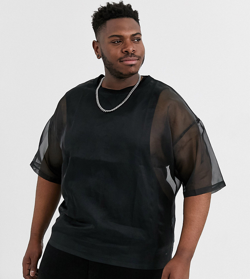 ASOS DESIGN Plus - T-shirt oversize nera in organza con mezze maniche-Nero