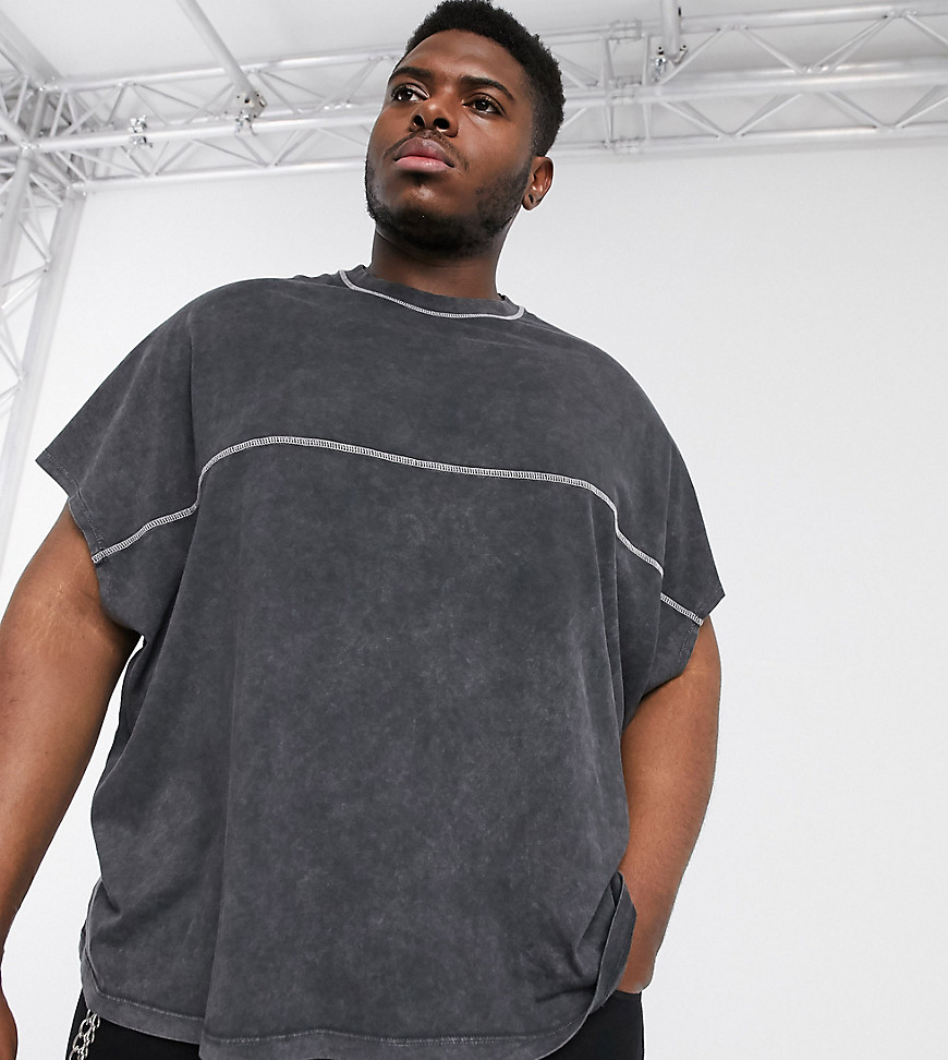 ASOS DESIGN Plus - T-shirt super oversize a lavaggio acido con cuciture a contrasto nera-Nero