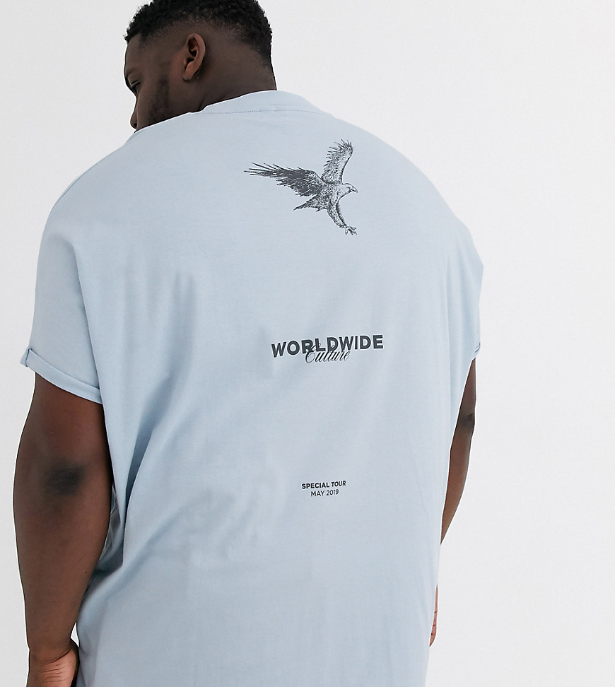 ASOS DESIGN Plus - T-shirt super oversize in cotone organico con maniche con risvolto e stampa fronte e retro-Blu
