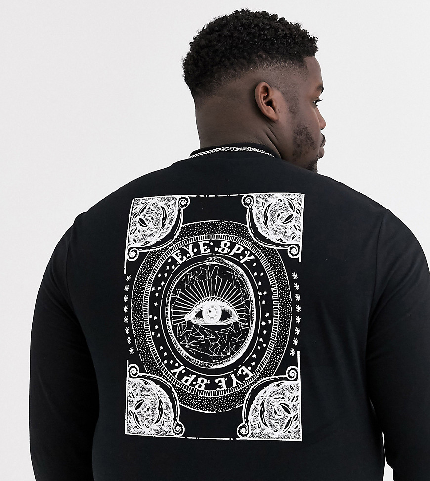 ASOS DESIGN Plus - T-shirt van organisch katoen met lange mouwen, grote print op de achterkant en borduursel op de borst-Zwart