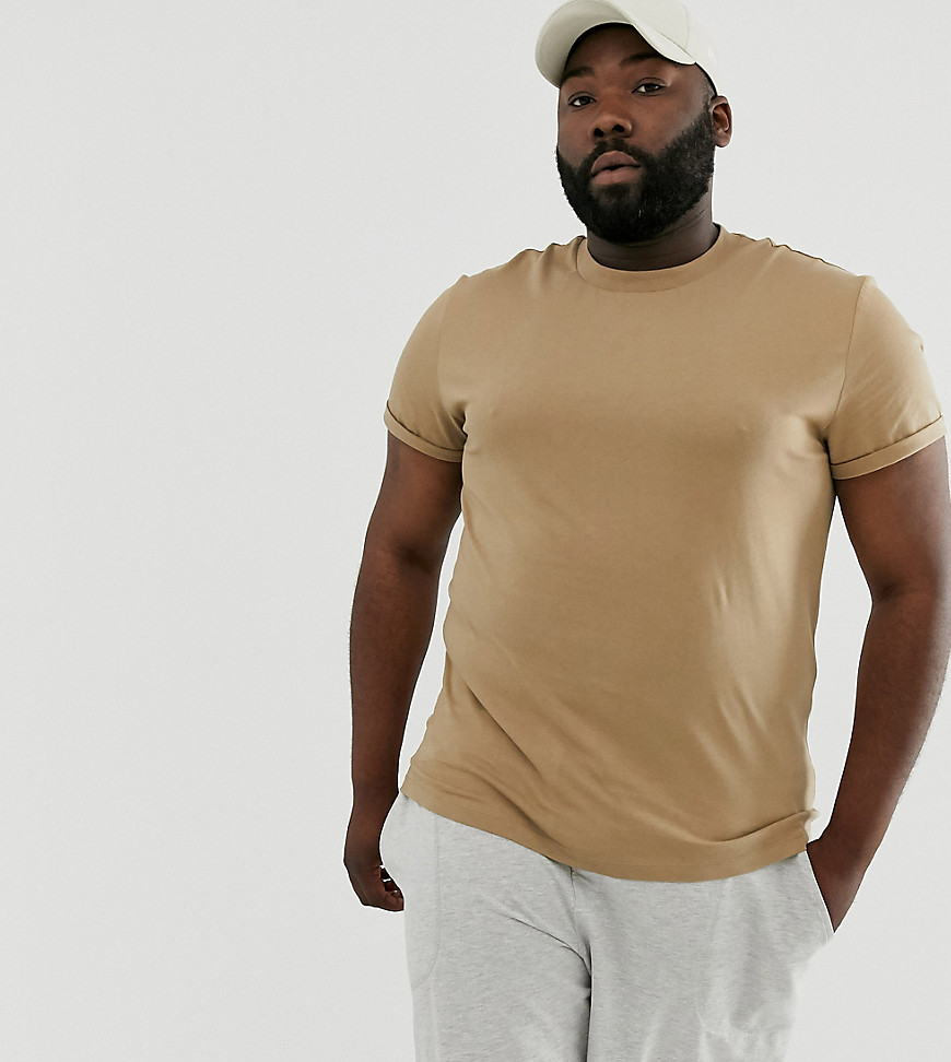 ASOS DESIGN Plus t-shirt with crew neck and roll sleeve in beige