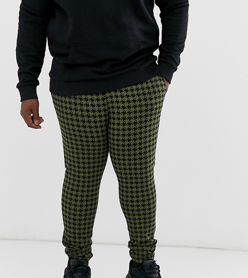 ASOS DESIGN Plus tapered crop smart trousers in khaki dogtooth check with turn up-Green