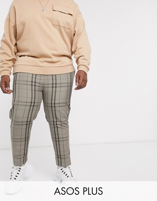 ASOS DESIGN Plus tapered crop smart trousers in stone check