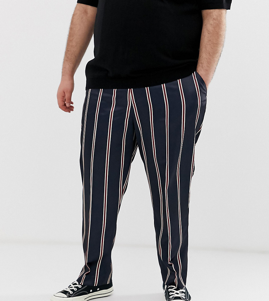 ASOS DESIGN Plus tapered smart trouser in navy satin stripe