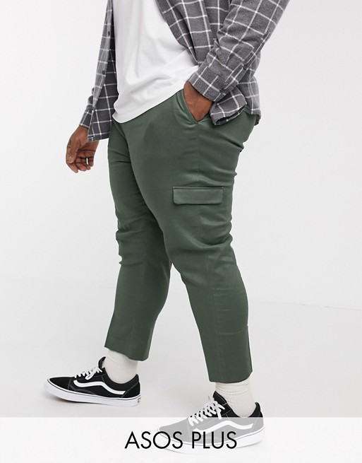 ASOS DESIGN Plus tapered smart trousers in green linen and cargo pockets