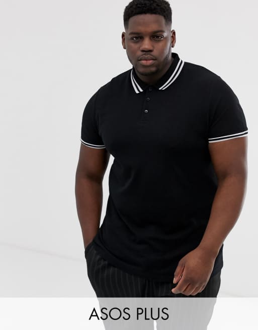 ASOS DESIGN Plus tipped pique polo shirt in black