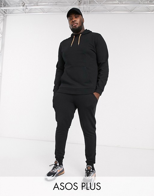 ASOS DESIGN Plus tracksuit with hoodie in black with neon orange drawcords