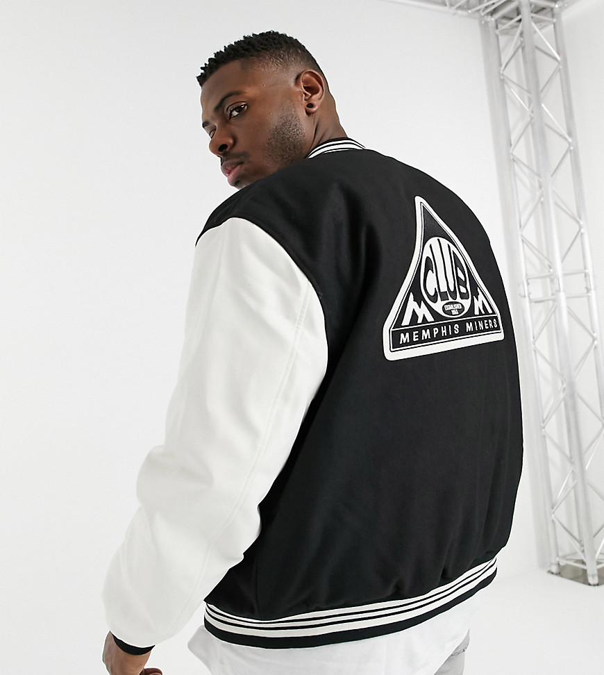ASOS DESIGN Plus varsity bomber jacket with faux-leather sleeves in black and white