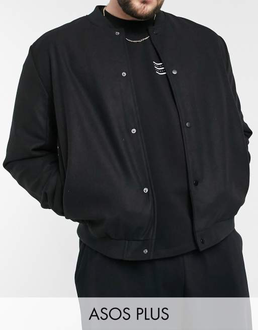 ASOS DESIGN Plus varsity jacket in black faux wool ASOS