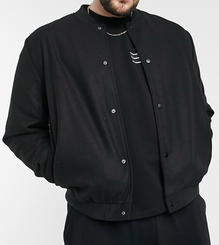 ASOS DESIGN Plus varsity jacket in faux wool in black