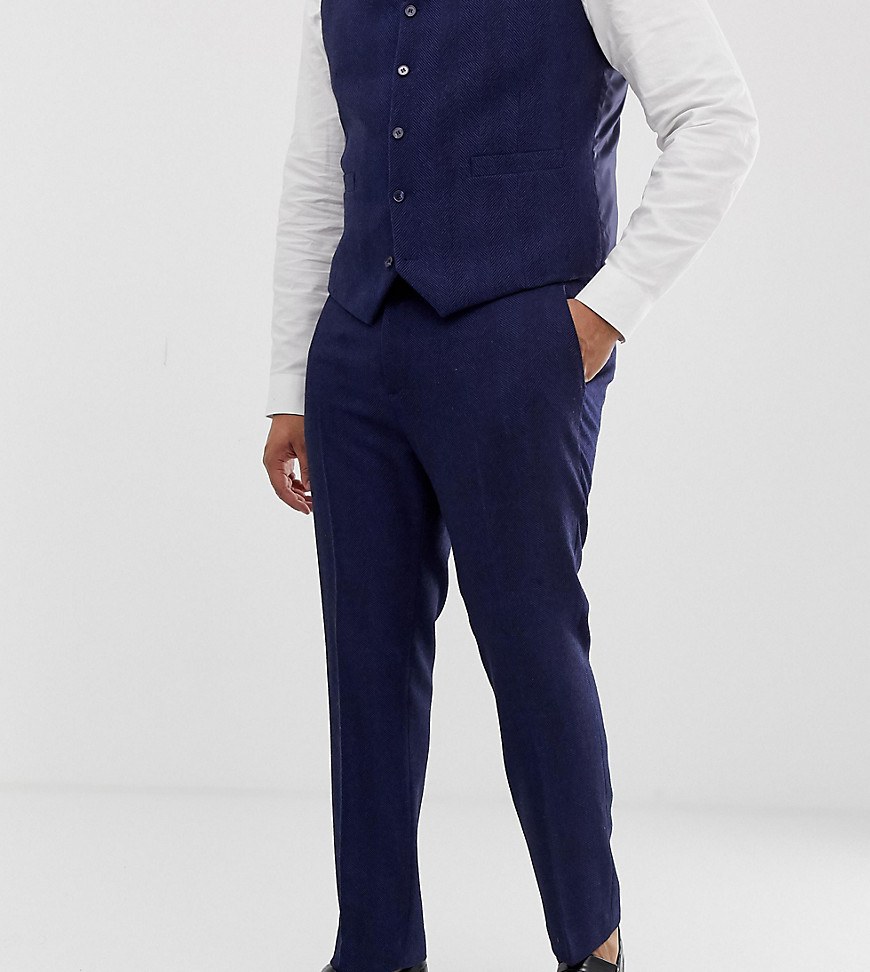 ASOS DESIGN – Plus – Wedding – Blå kostymbyxor med fiskbensmönster och extra smal passform