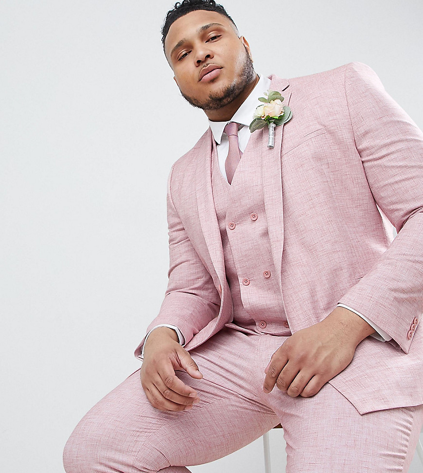 ASOS DESIGN Plus Wedding - Giacca da abito skinny a tratteggio incrociato rosa con fodera stampata