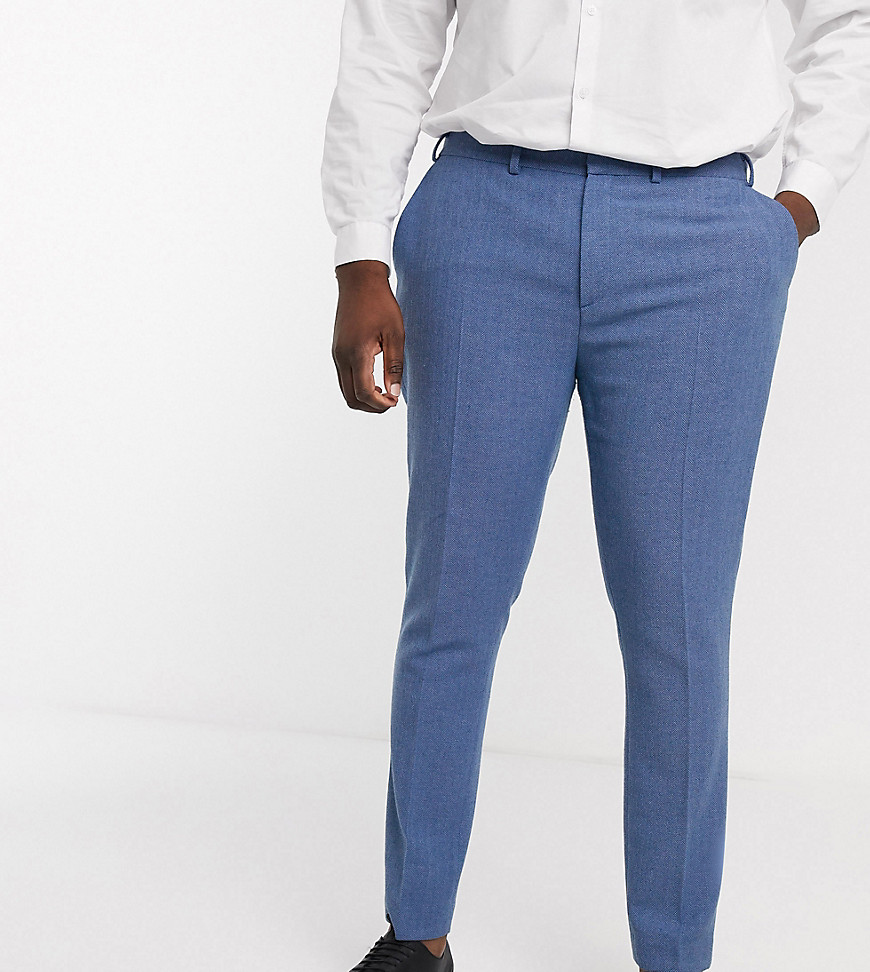 ASOS DESIGN Plus Wedding - Pantaloni da abito super skinny in misto lana blu fiordaliso a spina di pesce