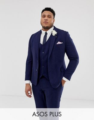 ASOS DESIGN Plus wedding skinny suit jacket in blue wool blend herringbone