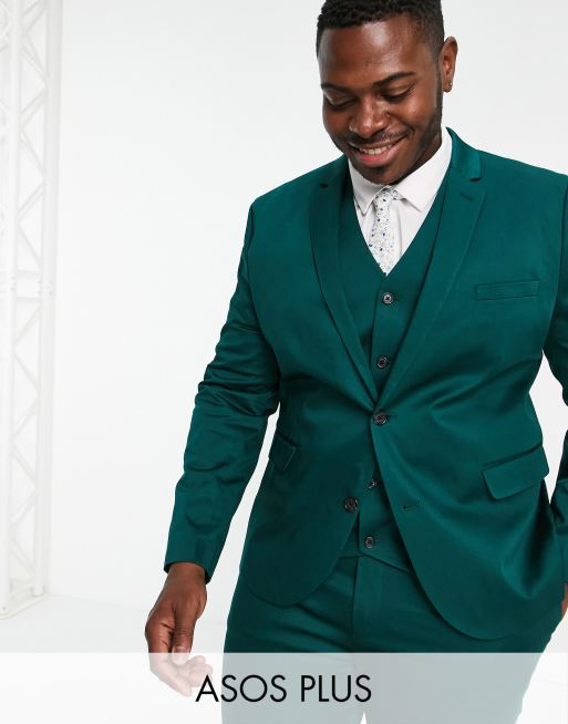 Asos Design Plus Wedding Skinny Suit Jacket In Cotton In Forest Green