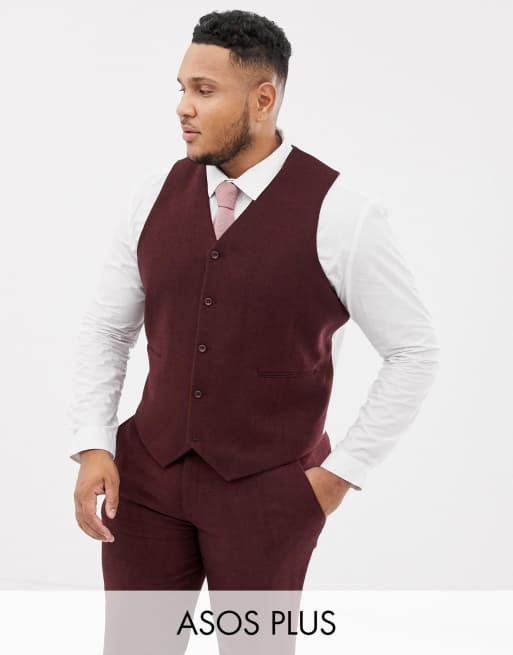 ASOS DESIGN Plus wedding skinny suit in burgundy wool mix herringbone, 4 of 4