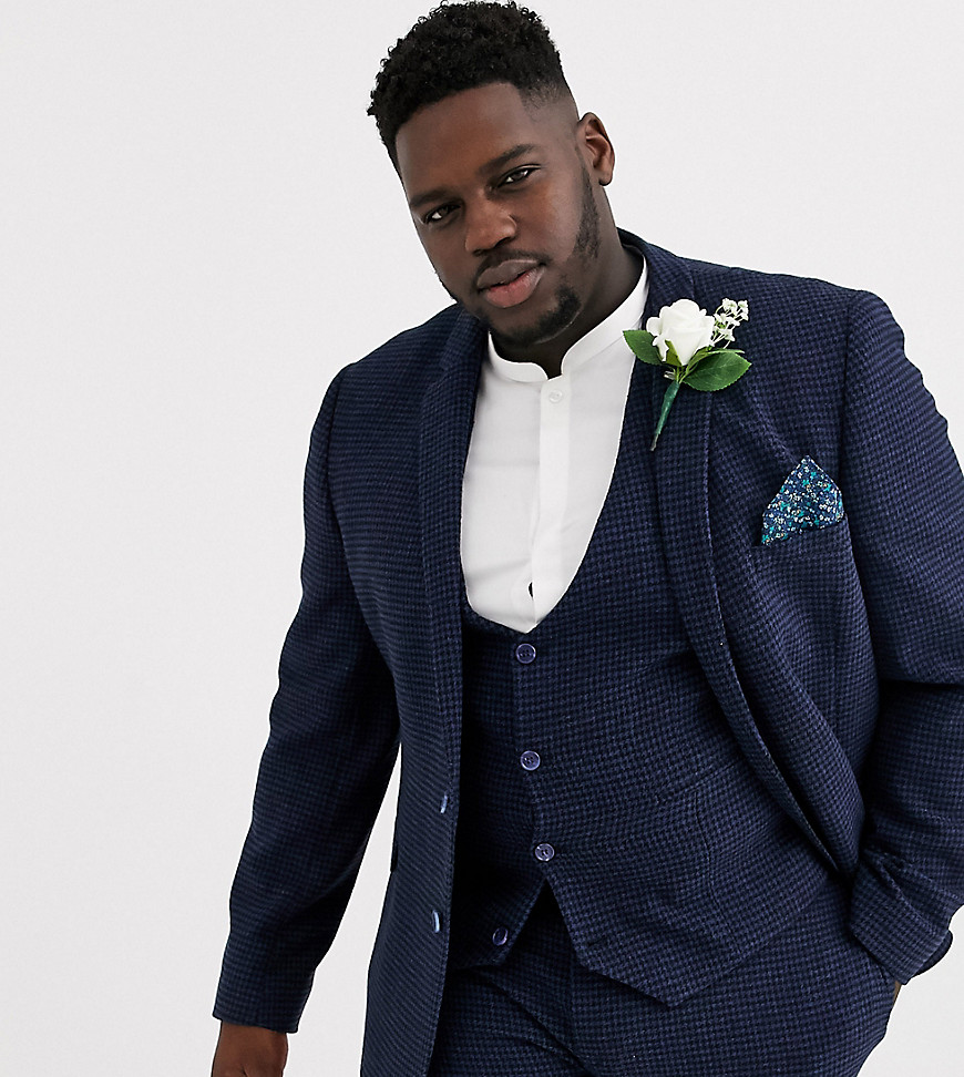 ASOS DESIGN Plus wedding super skinny suit jacket in blue wool blend mini check