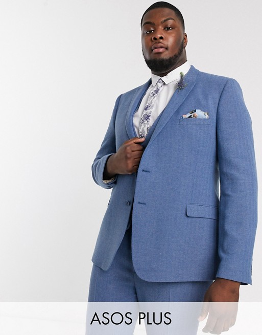 ASOS DESIGN Plus wedding super skinny suit jacket in cornflower blue wool blend herringbone