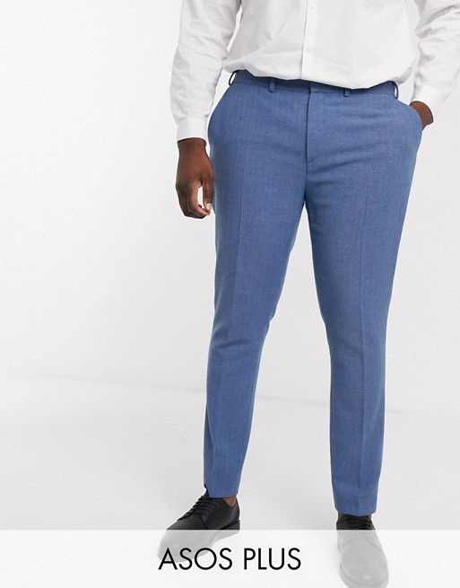 ASOS DESIGN Plus wedding super skinny suit trousers in cornflower blue wool blend herringbone