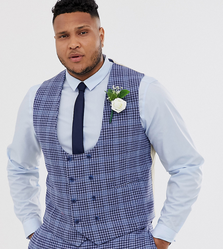 ASOS DESIGN Plus wedding super skinny suit waistcoat in blue wool blend check