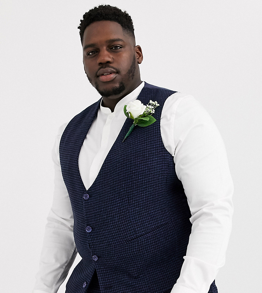 ASOS DESIGN Plus wedding super skinny suit waistcoat in blue wool blend mini check