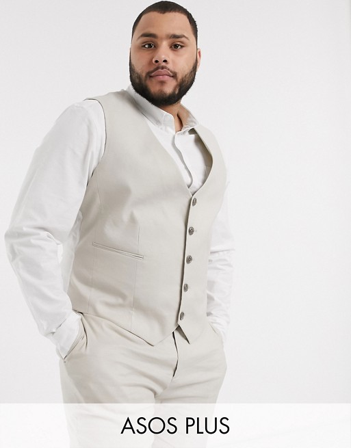 ASOS DESIGN Plus wedding super skinny suit waistcoat in stretch cotton linen in stone