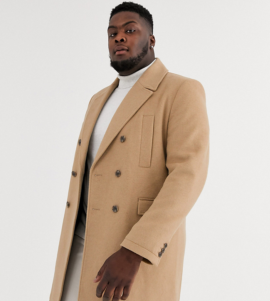 Asos Design Plus Wool Mix Double Breasted Overcoat In Camel-brown