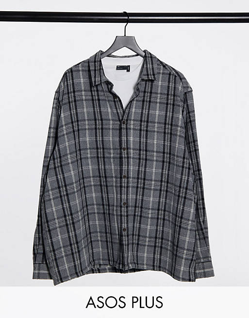 ASOS DESIGN Plus wool-mix overshirt in black and gray check