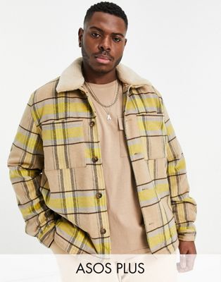 ASOS DESIGN Plus wool mix shacket with quilted lining in yellow and ecru check (20778097)