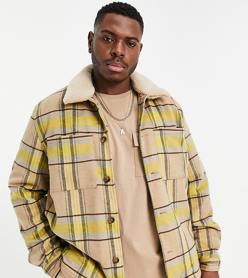 ASOS DESIGN Plus wool mix shacket with quilted lining in yellow and ecru plaid