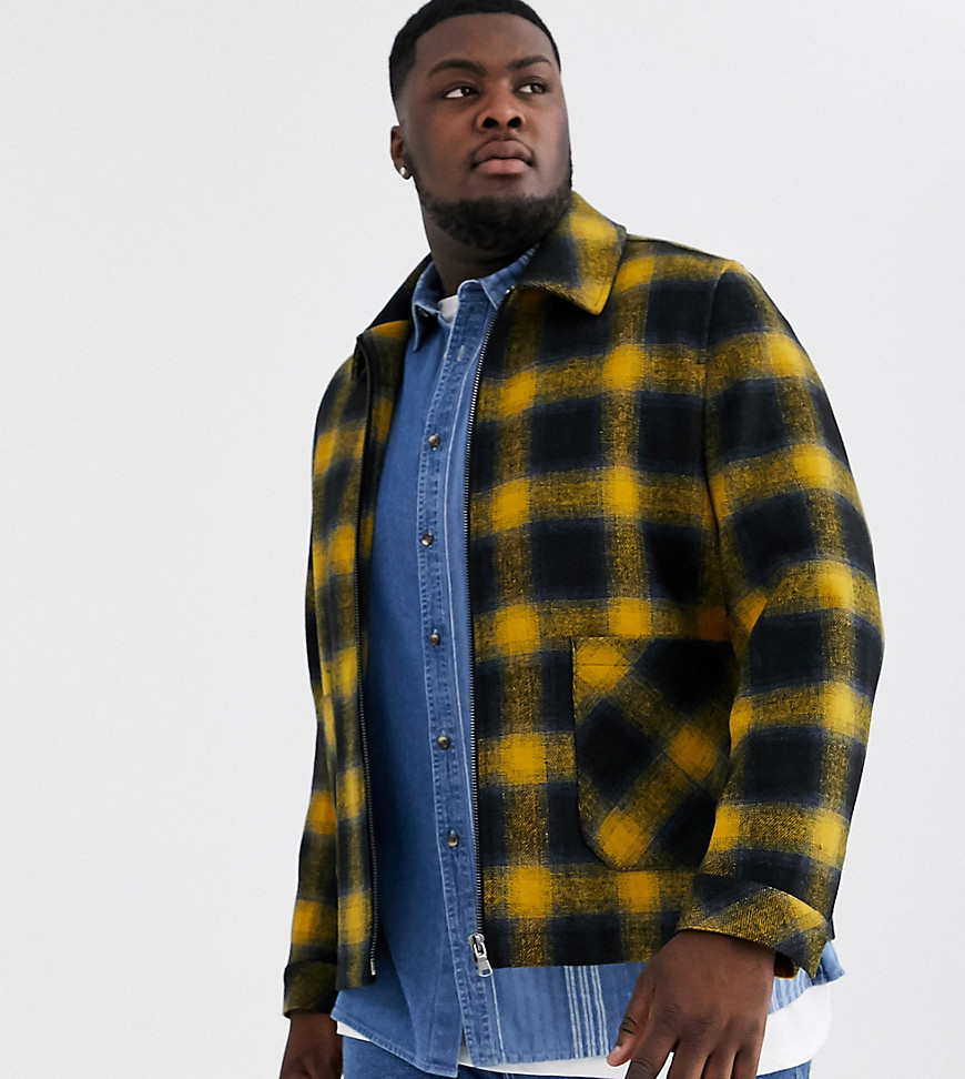 ASOS DESIGN Plus wool mix zip through jacket in yellow and blue check