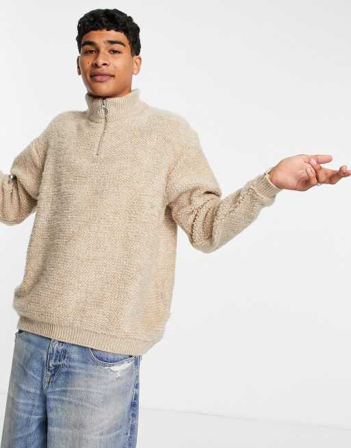 ASOS DESIGN – Plüschiger Strickpullover in Hellbeige mit kurzem Reißverschluss