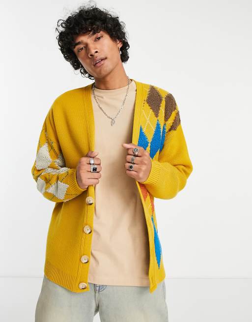 ASOS DESIGN plush argyle cardigan in mustard