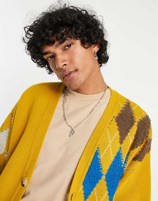 ASOS DESIGN plush argyle cardigan in mustard ASOS