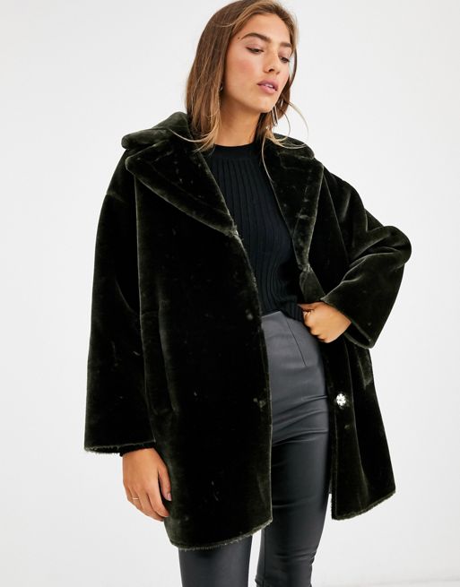 ASOS DESIGN plush faux fur bonded overcoat in khaki | ASOS