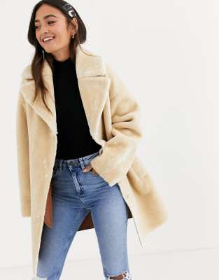 ASOS DESIGN plush faux fur bonded overcoat in white