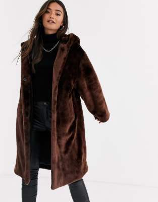 brown faux fur coat with hood