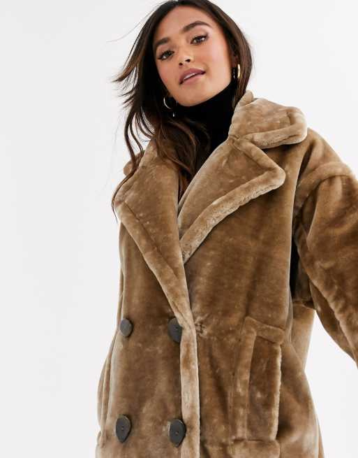 ASOS DESIGN longline plush faux fur coat in camel