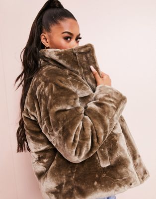 DESIGN plush faux fur puffer jacket in mink | ASOS
