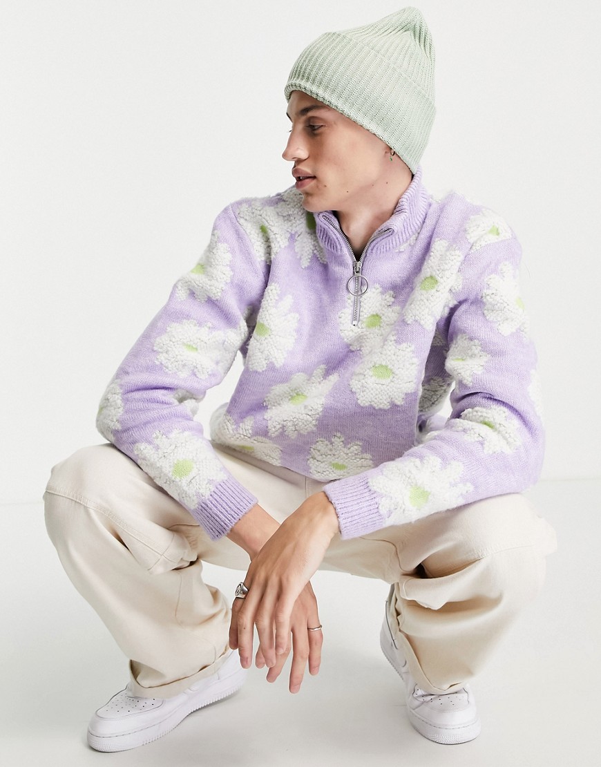 ASOS DESIGN plush floral half zip sweater in lilac-Purple