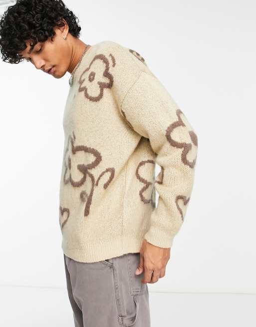 ASOS DESIGN plush knit oversized sweater in graffiti floral print