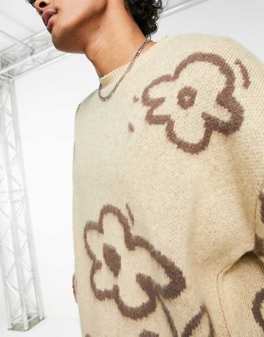 ASOS DESIGN plush knit oversized sweater in graffiti floral print