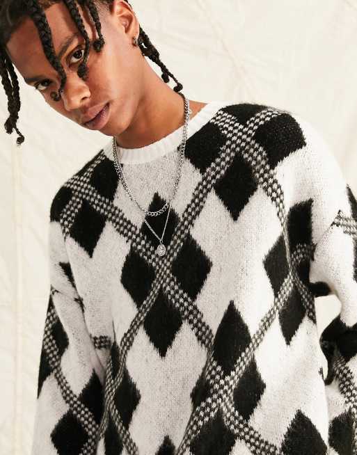 ASOS DESIGN plush knit sweater with black u0026 white argyle pattern | ASOS