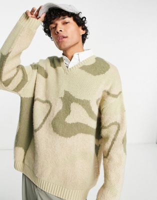 ASOS DESIGN plush knitted v neck jumper in abstract design