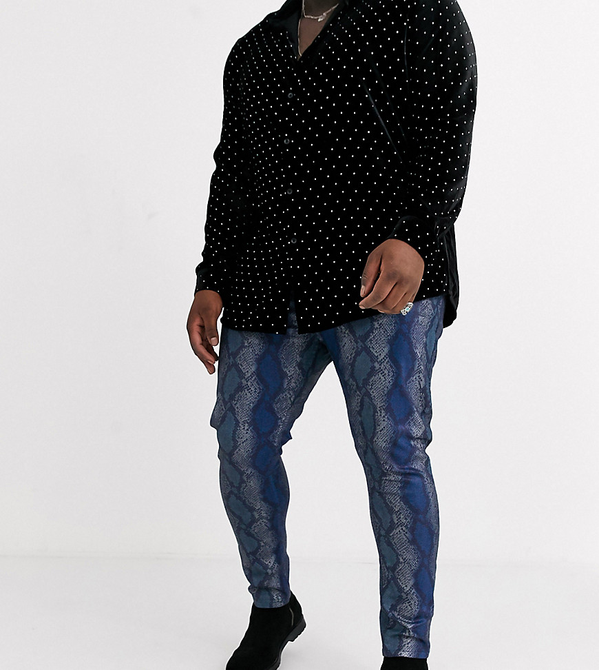 ASOS DESIGN – Plusstorlek – Blå, ormskinnsmönstrade superskinny jeans
