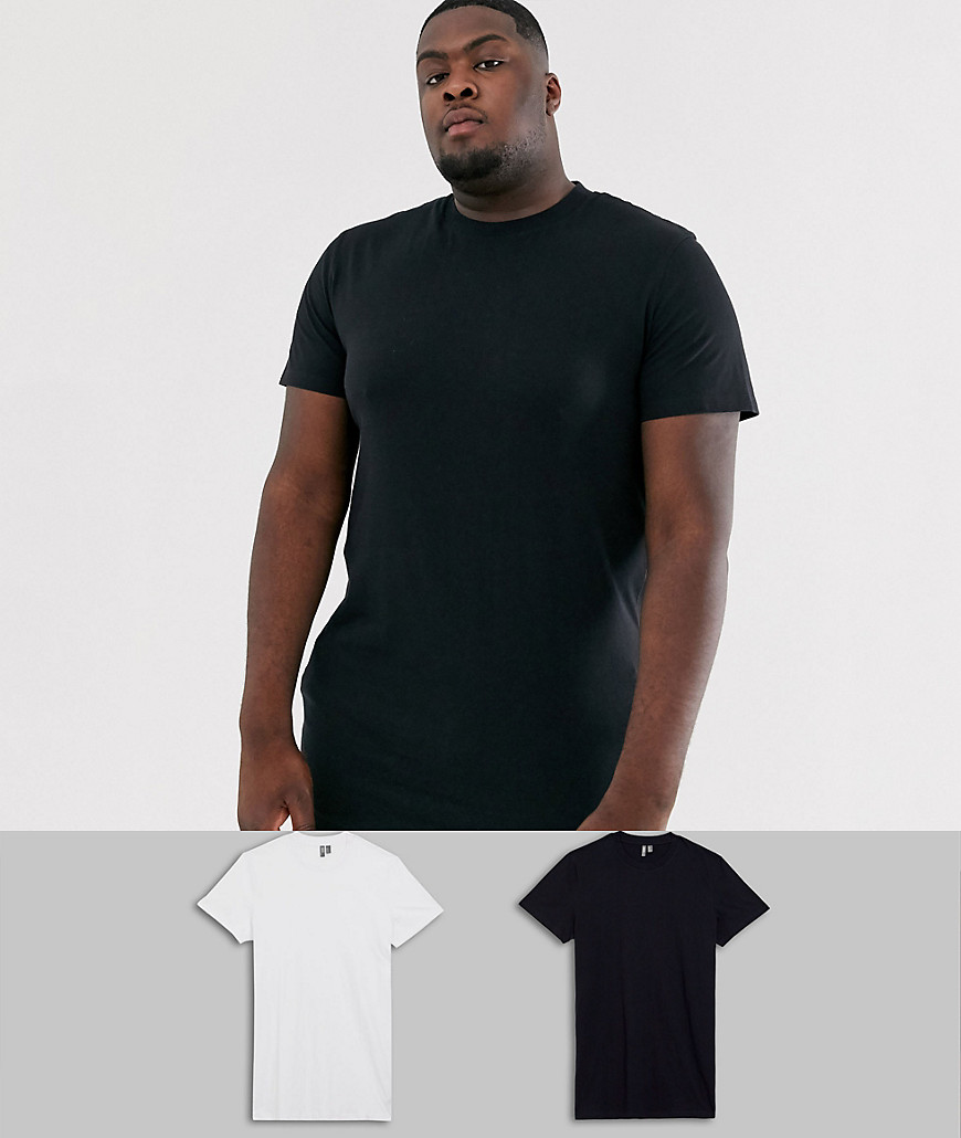 ASOS DESIGN – Plusstorlek – Extra longline t-shirt med rund halsringning i 2-pack – spara-Flerfärgad